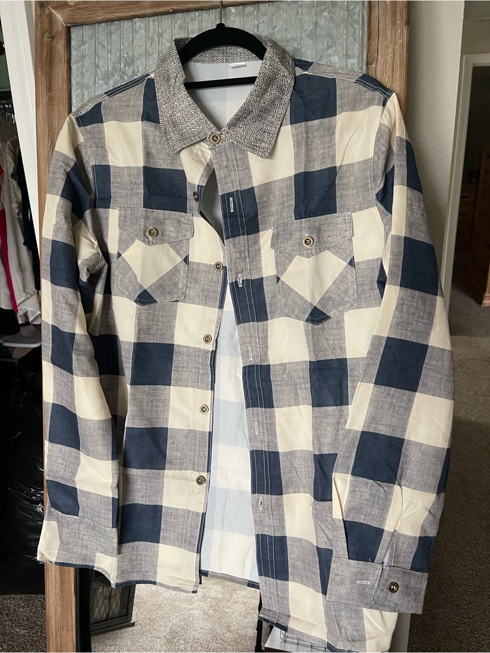 Navy and Cream Buffalo Check Button-Up Shirt